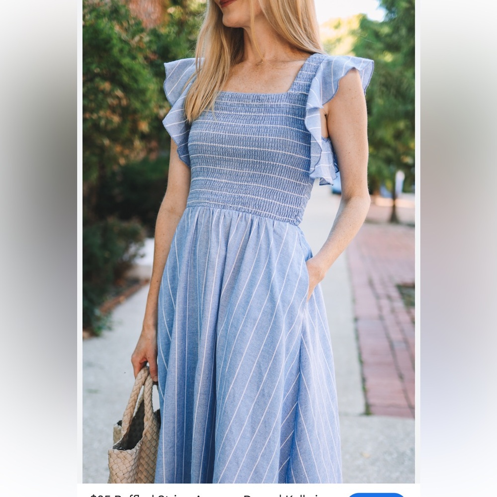 HL Affair Blue and White Striped Midi Dress Sz L